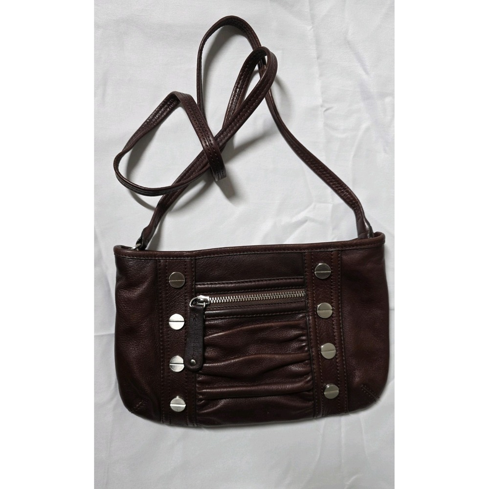 B. Makowsky Small Dark Brown Leather Crossbody With Silver Studding Accent y2k
